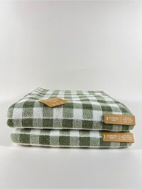 Common Thread Bamboo Bath Towel Set Light Green White Check Soft Cotton 2 Pc NEW